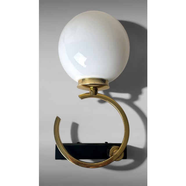 Mid 20th Century Maison Lunel Style Pair of French Modernist Brass and Opaline Glass Sconces - a Pair For Sale - Image 10 of 18
