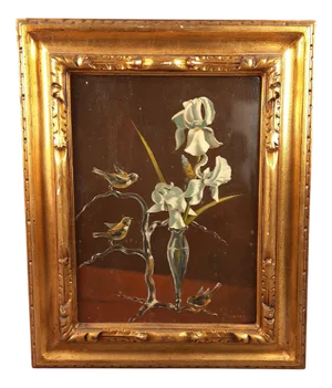 Flowers with Birds, 1960s, Oil on Board, Framed