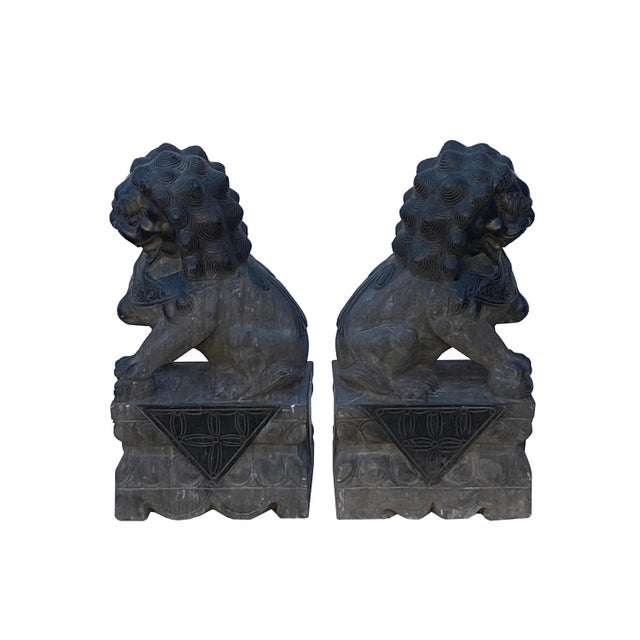 20" Chinese Pair Black Gray Stone Fengshui Foo Dog Lion Statues For Sale - Image 10 of 13