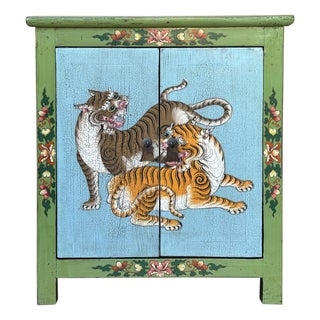 Tibetan Style Lime Green Blue Two Tigers End Table Nightstand For Sale
