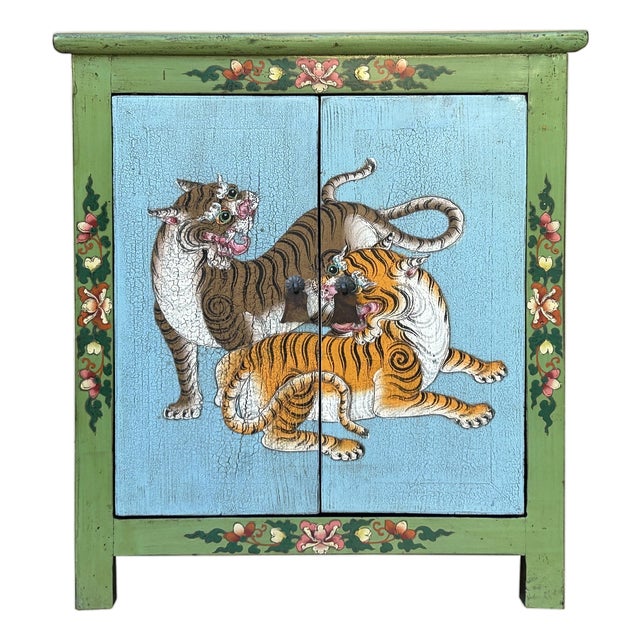 Tibetan Style Lime Green Blue Two Tigers End Table Nightstand For Sale