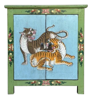 Tibetan Style Lime Green Blue Two Tigers End Table Nightstand