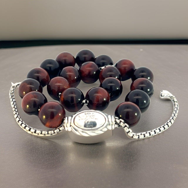 Contemporary 1990s David Yurman Tiger Eye Spiritual Beads Bracelet 6.6 - 8.5" Silver 8 Mm Estate For Sale - Image 3 of 15