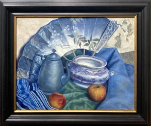 Exquisite Ca. 1930s Blue-Toned Still Life Painting by Artist Harold Haydon