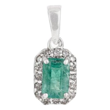 Art Deco Inspired Radiant Emerald Halo Pendant in 925 Silver for Mothers Day Gift For Sale