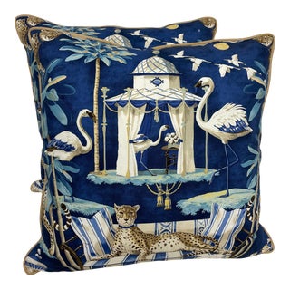 Blue Cheetah and Bird Printed Pillows - Pair For Sale