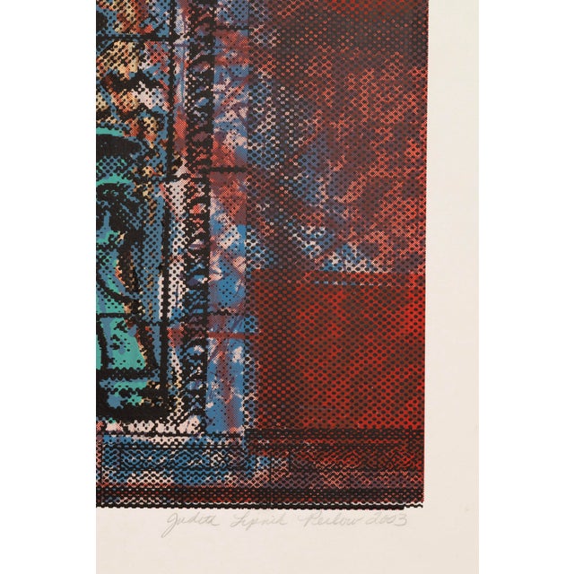 A color serigraph depicting a classical column rendered in turquoise tones against a layered blue and red ground with...