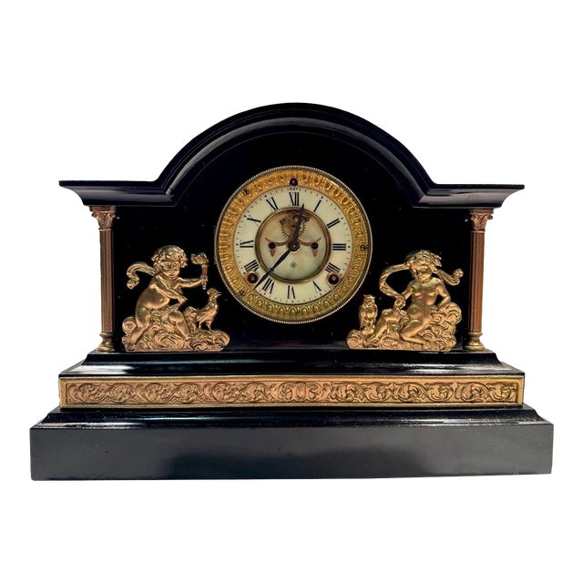 Antique Ansonia Black Mantel Clock “Verona” Model With Open Escapement For Sale