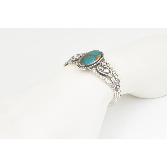 Vintage Southwestern Sterling Silver Turquoise Cuff Bracelet For Sale - Image 10 of 11