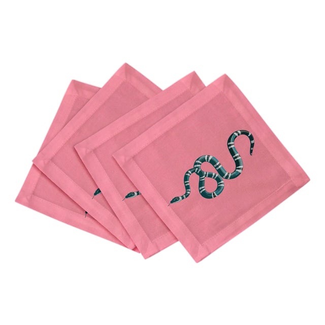 Serpent Cotton Sateen Cocktail Napkins in Pink, Set of 4 For Sale