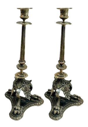 Antique Cast Brass Candleholders, 1900s, Set of 2