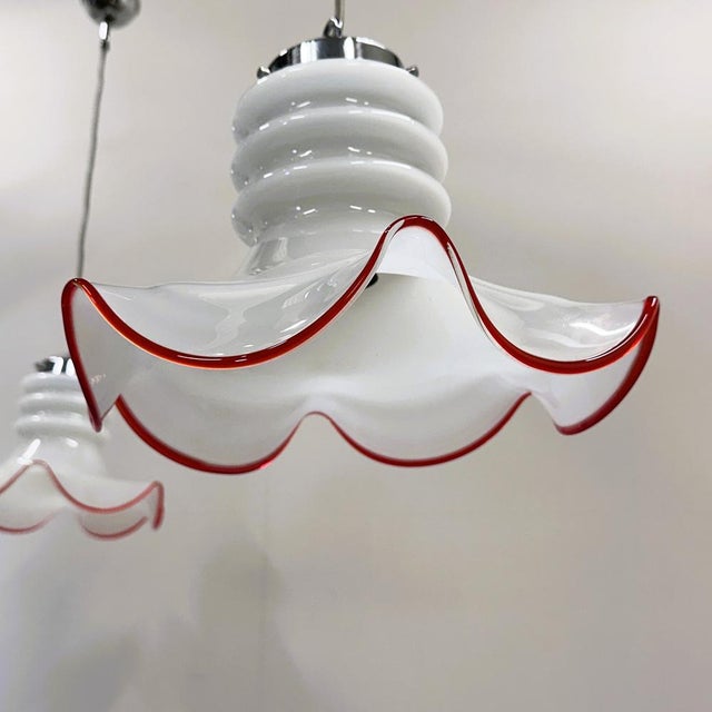 Italian Murano Glass Pendant Lamps with Red Trim, Italy, 1970s, Set of 2 For Sale - Image 4 of 12