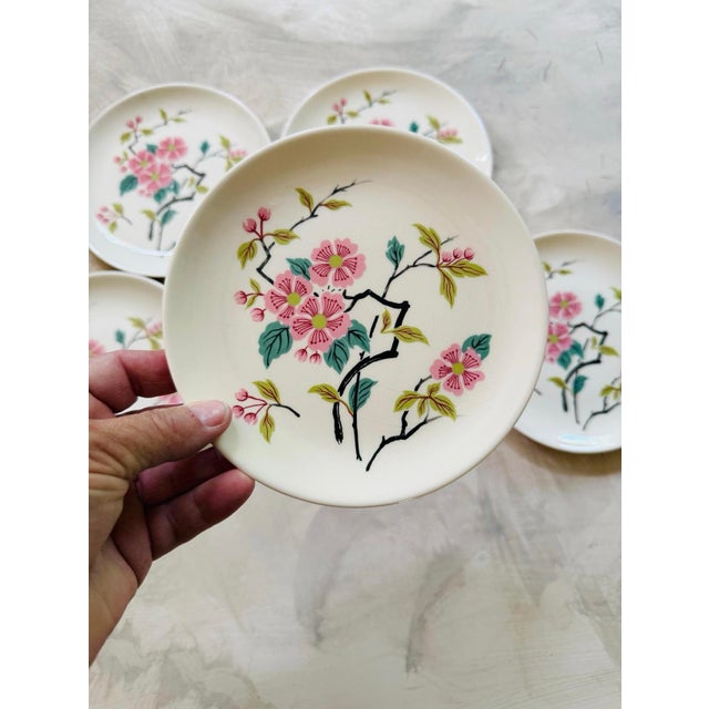 Mid 19th Century MCM Harmony House in Temple Flower 6.25” Plates | Pink Chinoiserie Chic - Set of Five (5) For Sale - Image 4 of 8