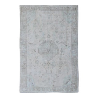 Muted Layered Medallion Vintage Turkish Oushak Rug in Taupe, Lt Blue, and Brown For Sale