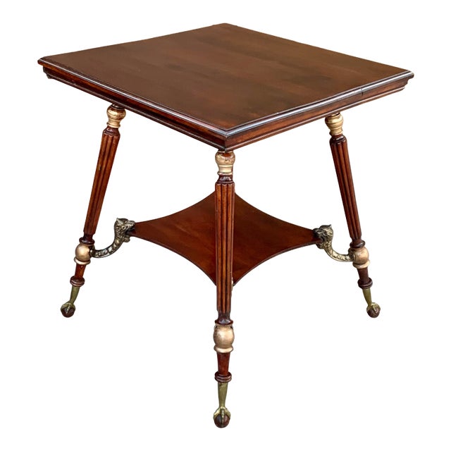 Antique Mahogany Center Table With Brass Foo Dogs and Claw Feet For Sale