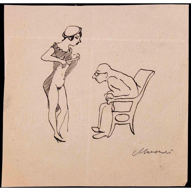 Mino Maccari, Nude Scholar, 1940s, Ink Drawing on Paper For Sale