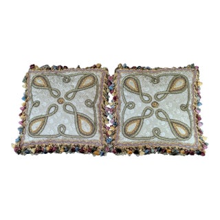 Custom Scalamandre Silk Pillows With Weave Applique and Tasseled and Beaded Crystal Fringe For Sale