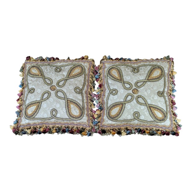 Custom Scalamandre Silk Pillows With Weave Applique and Tasseled and Beaded Crystal Fringe For Sale