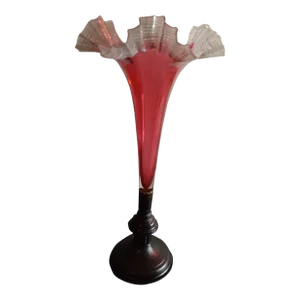 1920s Victorian Cranberry Ruffled Epergne Vase on Bronze Pedestal