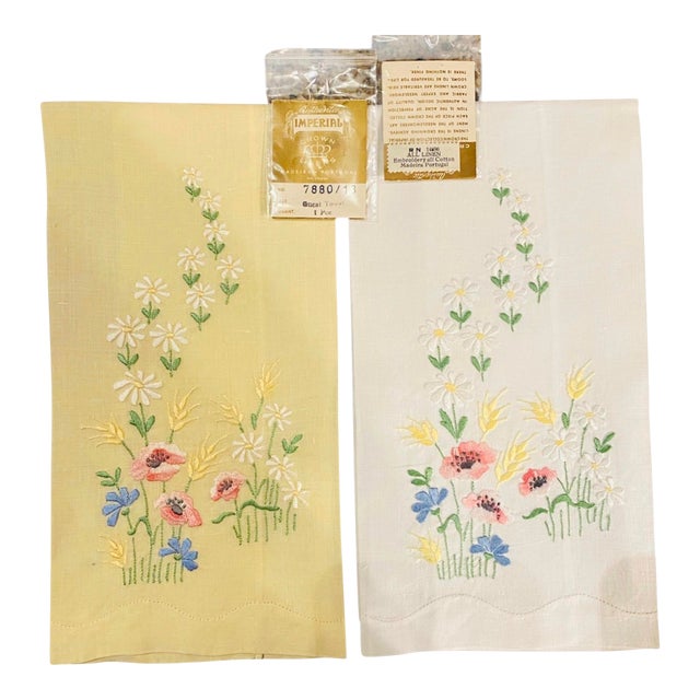 A Pair of Madeira Embroidered Linen Hand Towels With Original Tags For Sale