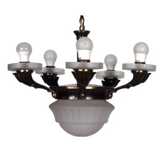 Antique French Brass and Glass 6-Light Chandelier, 1890s For Sale