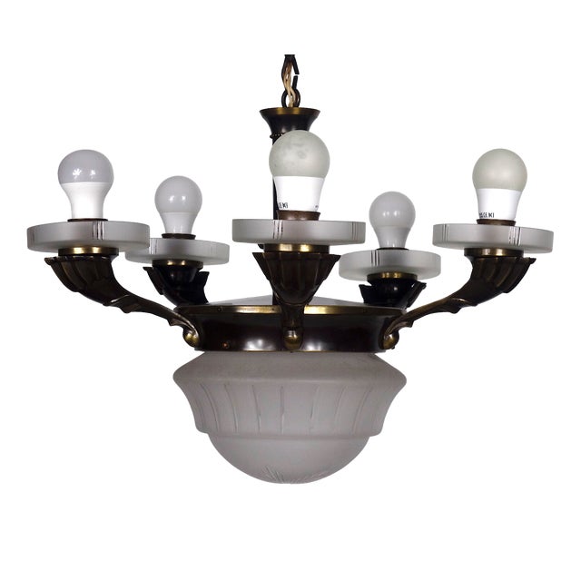 Antique French Brass and Glass 6-Light Chandelier, 1890s For Sale