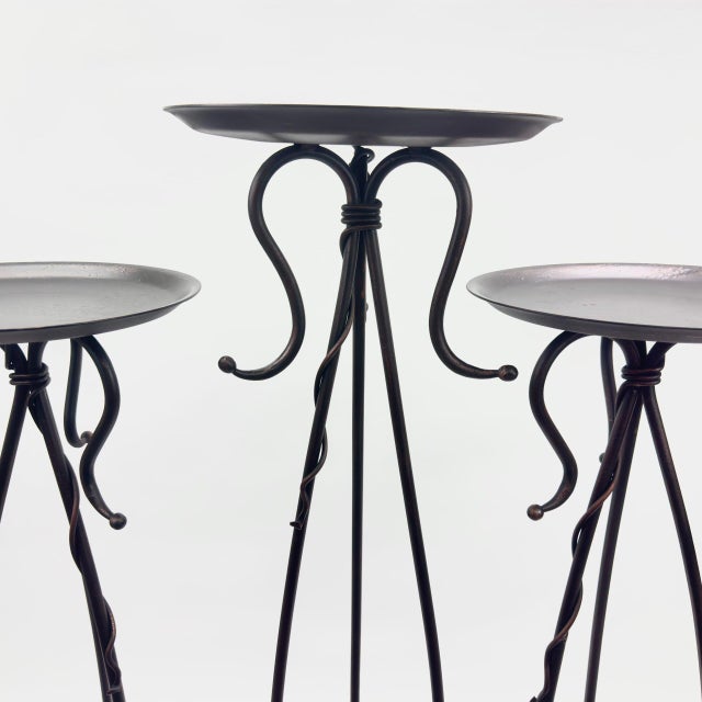 Hand Forged Iron Floor Pedestal Set of 3 (131cm & 115cm) Antique Bronze Finish Candle Holder & Plant Stand Floral Display For Sale - Image 6 of 8