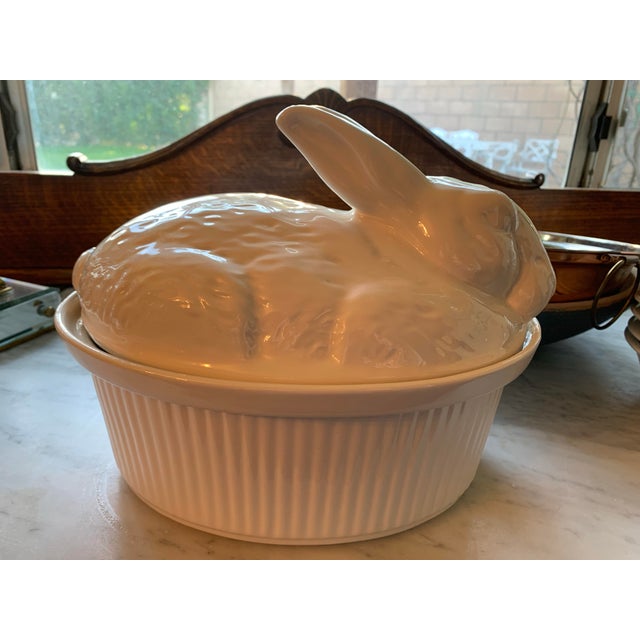 Here we have an adorable vintage white rabbit lidded casserole dish or tureen. Reminiscent of a traditional French style...