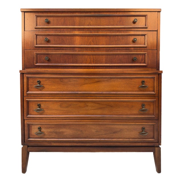Mid-Century Modern Six Drawer Walnut Highboy Dresser For Sale