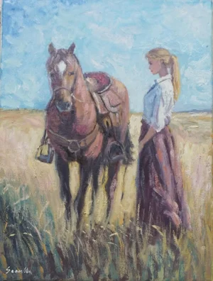 Original Impressionist Oil Painting, Girl and Horse