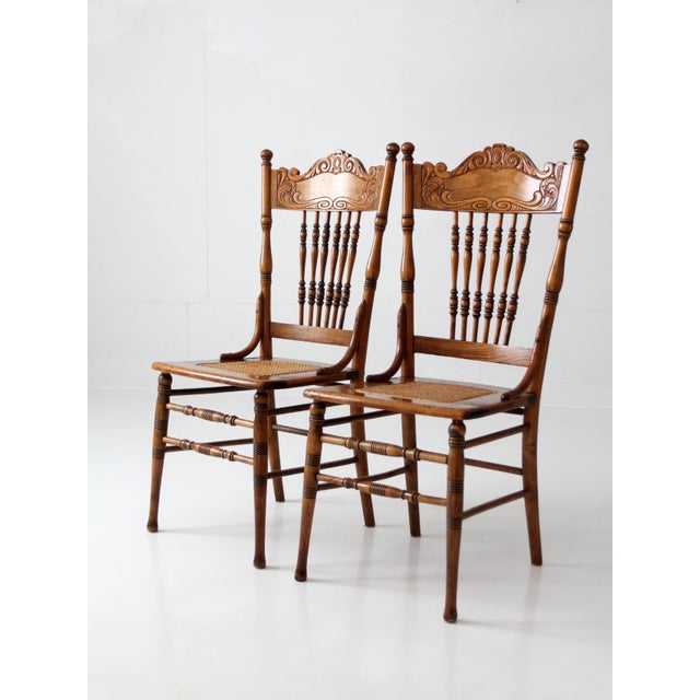 Wood Antique Victorian Pressed Back Cane Seat Chairs Pair For Sale - Image 7 of 17