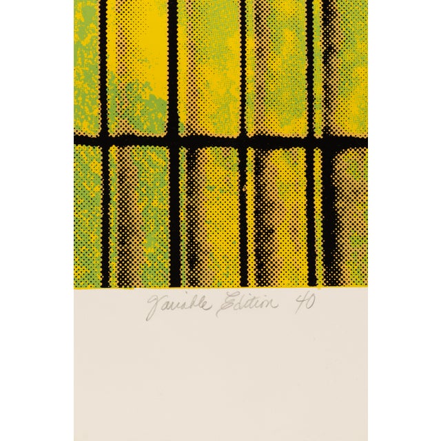 A color serigraph depicting a classical column rendered in yellow tones against a layered blue and gold ground with...