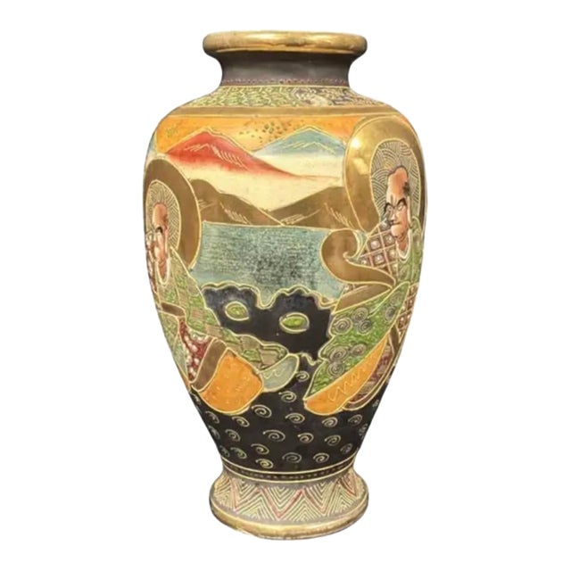 Antique Japanese Satsuma Moriage Vase With Gilded Enamels For Sale