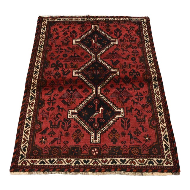 Shiraz Rug 3’11” X 5’2” Red Wool Vintage Tribal Hand-Knotted Oriental Carpet For Sale