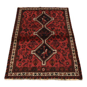 Shiraz Rug 3’11” X 5’2” Red Wool Vintage Tribal Hand-Knotted Oriental Carpet