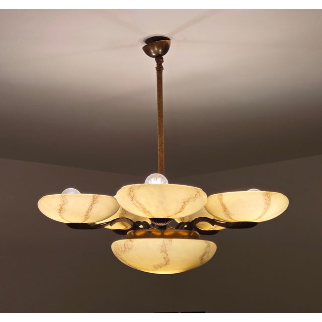 1930s 5-Arm Art Deco Chandelier Marbled Glass Shades Brass Accents, Antique European Lamp For Sale - Image 13 of 16