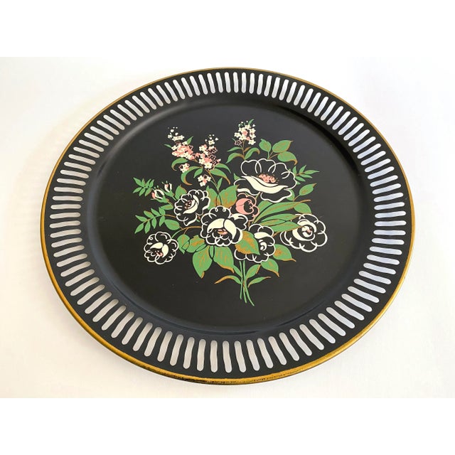 Various Artists Vintage 1950's Floral Lithograph Print Extra Large Round Metal Decorative Serving Tray For Sale - Image 4 of 13
