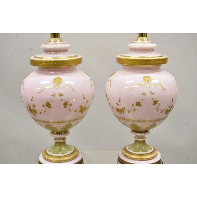 Wood Antique French Louis XV Pink Porcelain Gold Painted Bulbous Table Lamps - A Pair For Sale - Image 7 of 12