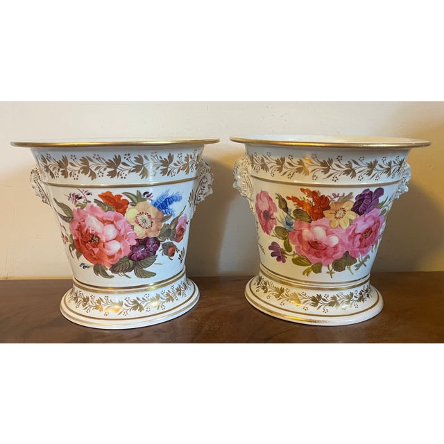 Antique Early 19th Century English Porcelain Cachepot Flower Pots With Satyr Mask Handles Circa 1820 - A Pair For Sale - Image 12 of 18
