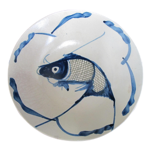 Chinese Blue & White Porcelain Under Glazed Koi Fish 8 1/8" Shallow Bowl Dish