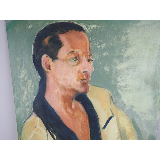 Mid 20th century gouache on masonite portrait painting of man in yellow bathrobe. Unsigned. Unframed, edge wear, some...