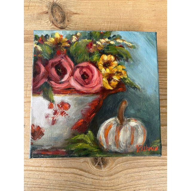 Pumpkin Chinosierie Turneen Painting With Autumn Roses, Sunflowers and Pumpkins, Thankful & Blessed by Artist Kristin Ashman For Sale - Image 8 of 12