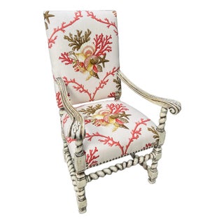 Antique Chair Reupholstered in Shell Motif Linen For Sale