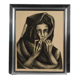 Framed Signed Moshe Gat "Untitled Portrait" Charcoal on Paper