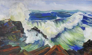 Mid Century Rocky Coast Seascape Painting