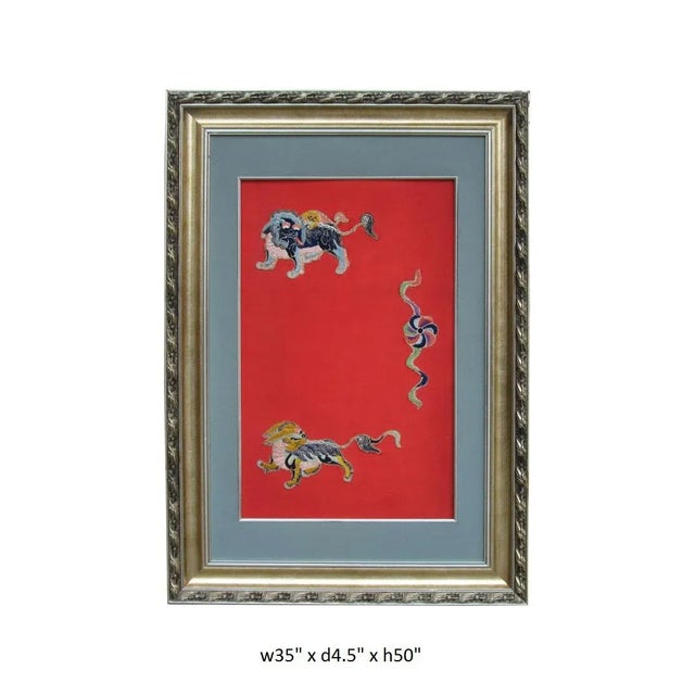 Antique Chinese Foo Dog Playing Fireball Embroidery Wall Decor For Sale - Image 5 of 5