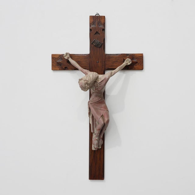 Belgian Wooden Crucifix with Painted Plaster Corpus and Metal Inri Plaque, 1920 For Sale - Image 10 of 10