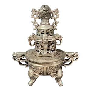 Late 20th Century Chinese Art Silver Gilt Bronze Metal Incense Burner