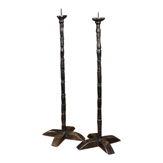 Ebonized Turned Oak Pricket Sticks - a Pair For Sale