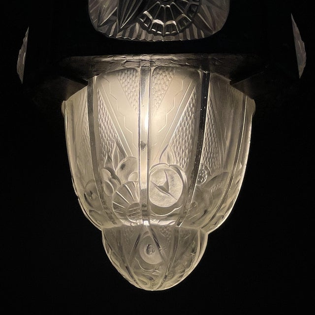 Art Deco Wrought Iron Hanging Light attributed to Hettier & Vincent, 1930s For Sale - Image 9 of 10